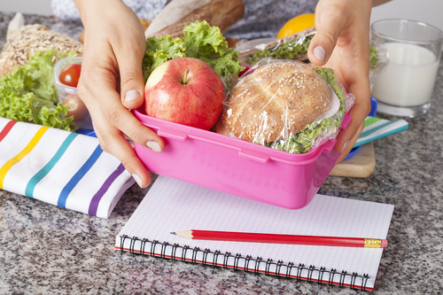 Mother giving healthy lunch for school in the morning